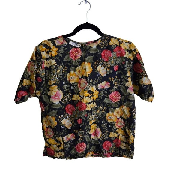 Royal Silk Vintage Made In India Black Floral Short Sleeve Blouse Size M - Picture 1 of 4